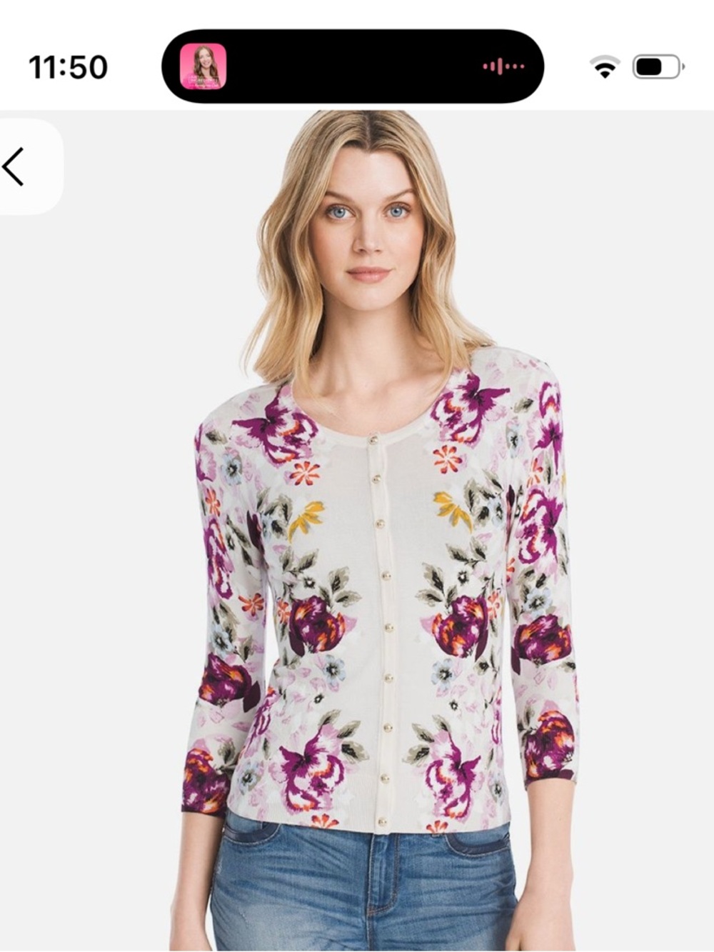 White House Black Market White Cardigan with Purple Floral  Print